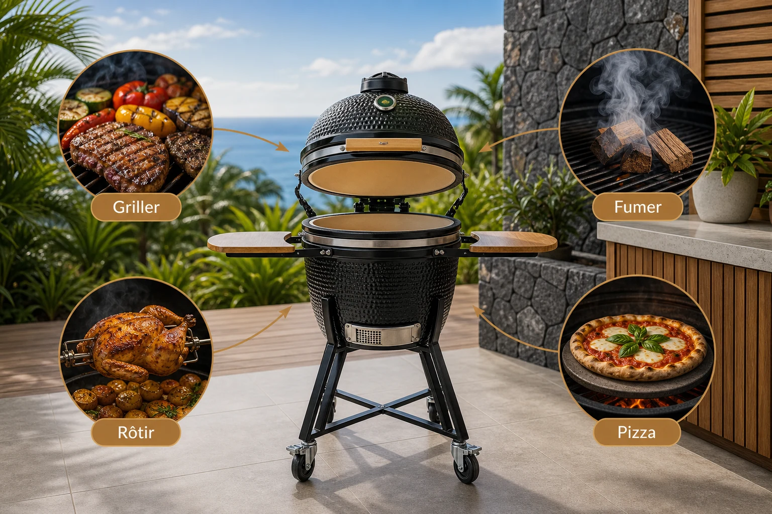 Idées d’utilisation kamado Kamado illustrant les cuissons griller fumer rôtir et pizza