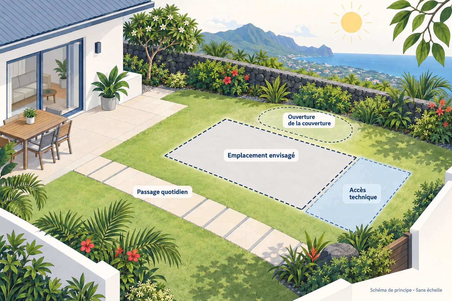 Schéma d’un emplacement extérieur vide : passage quotidien, accès technique et espace pour ouvrir la couverture restent distincts.