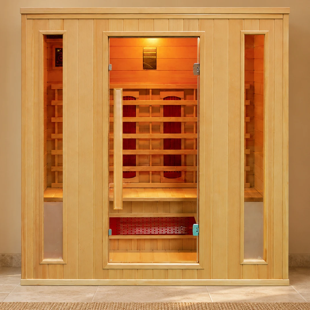 Sauna infrarouge 4 places avec banquette, mise en situation dans un espace détente