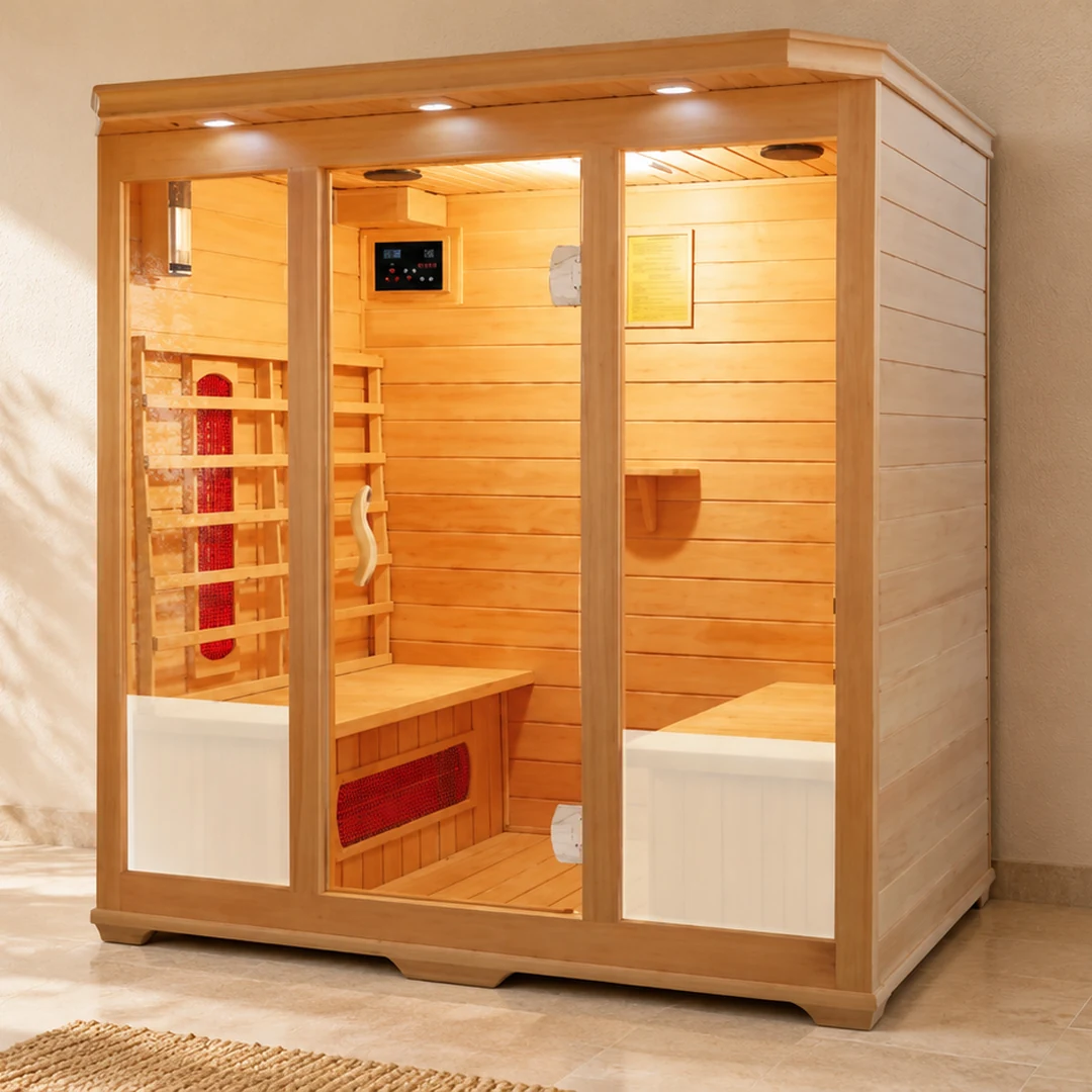 Sauna infrarouge double banc 4 places assises, mise en situation dans un espace détente
