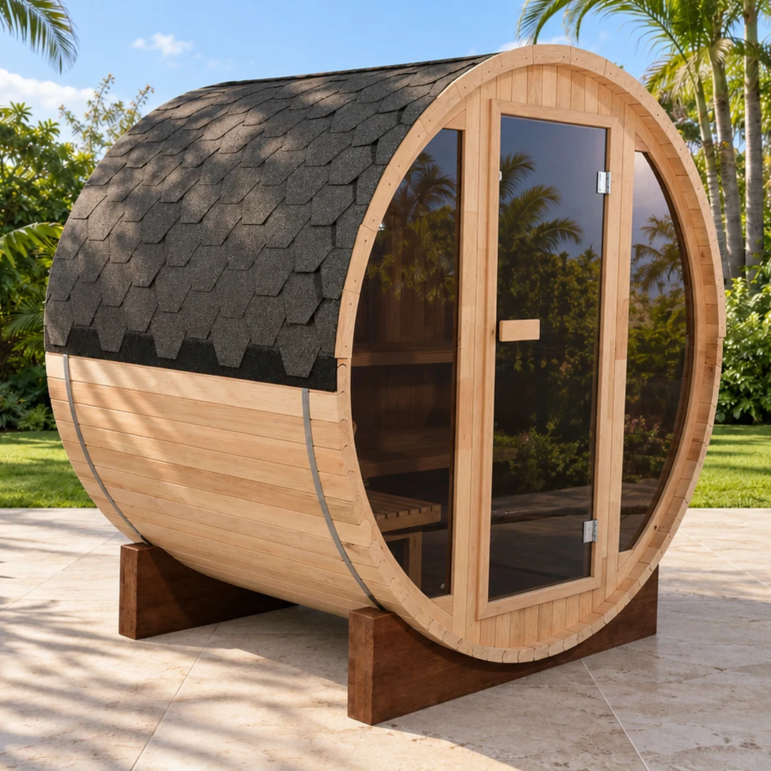 Sauna traditionnel Nordique 4 places assises, mise en situation sur une terrasse
