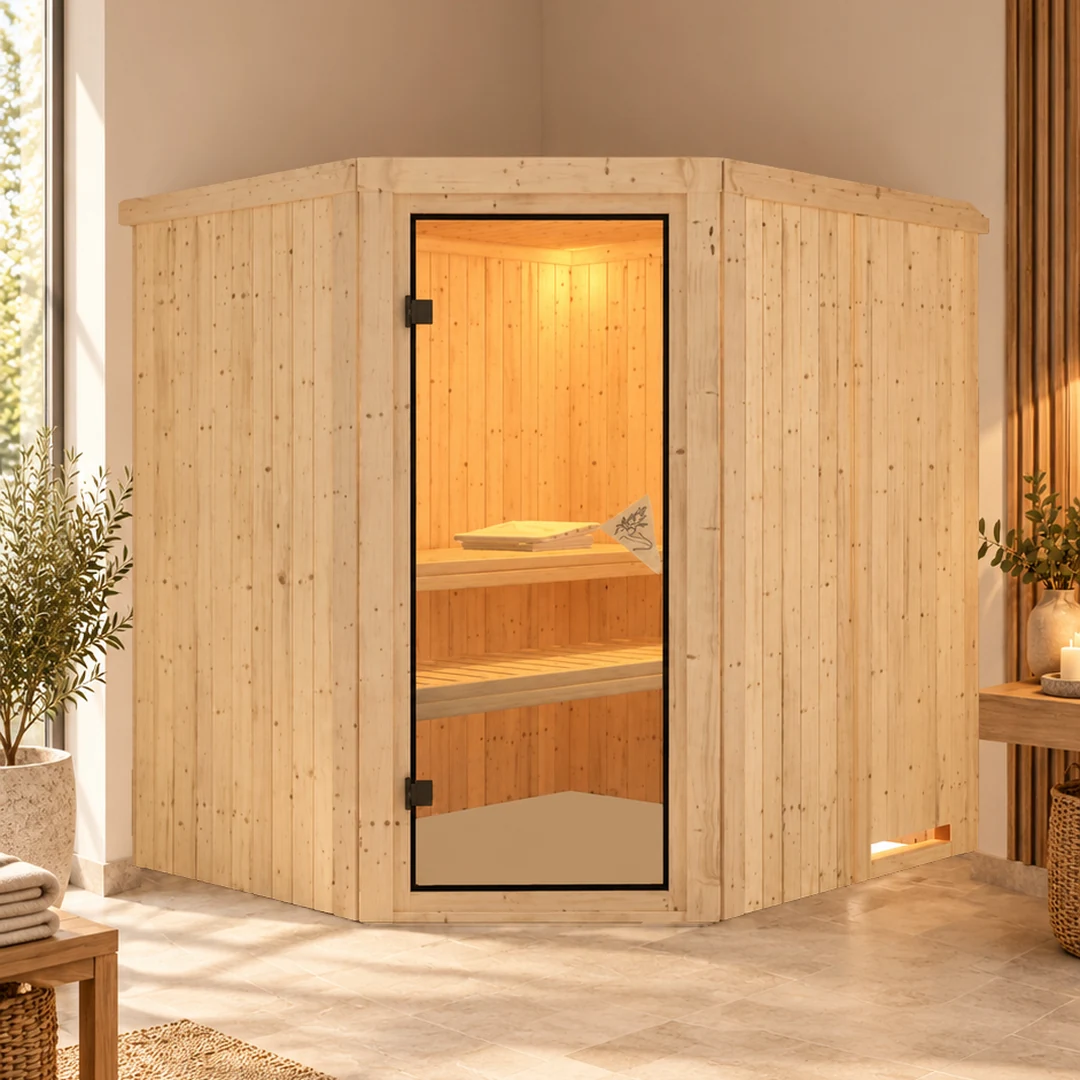 Sauna traditionnel 4 à 6 places assises, mise en situation dans un espace détente