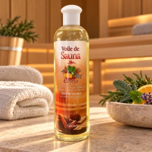 Voile de Sauna Camylle 250 ml - Élinya, flacon entier sur fond de bien-être.