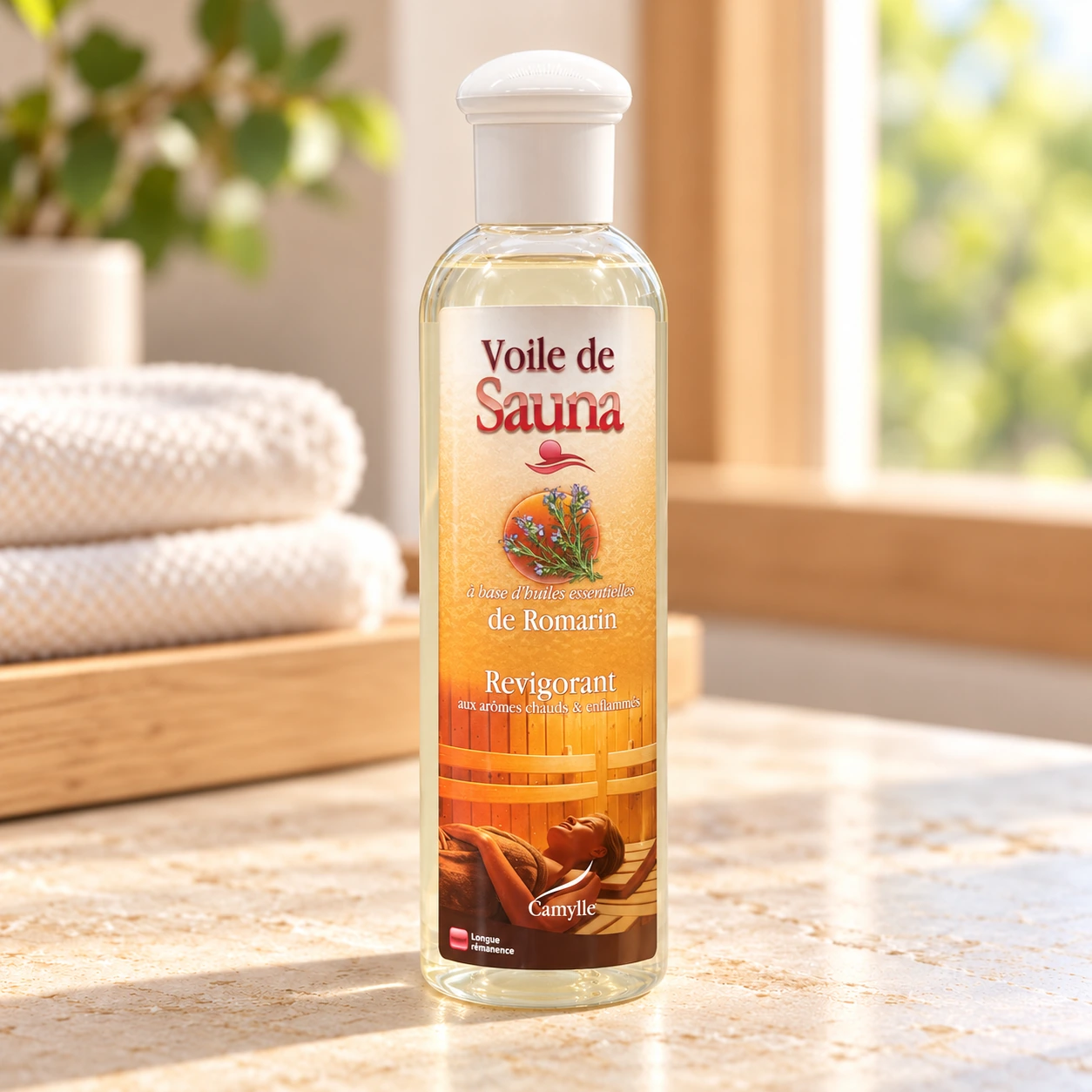 Voile de Sauna Camylle 250 ml - Romarin, flacon entier sur fond de bien-être.