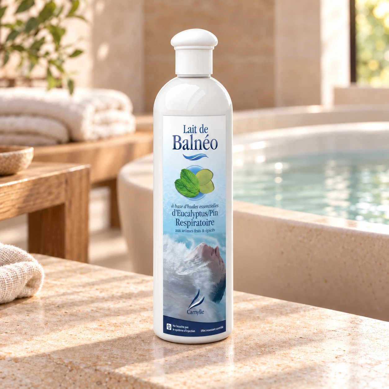 Lait de Balnéo Camylle 250 ml - Eucalyptus/Pin, flacon entier sur fond de bien-être.