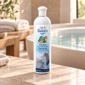 Lait de Balnéo Camylle 250 ml - Polynésie, flacon entier sur fond de bien-être.