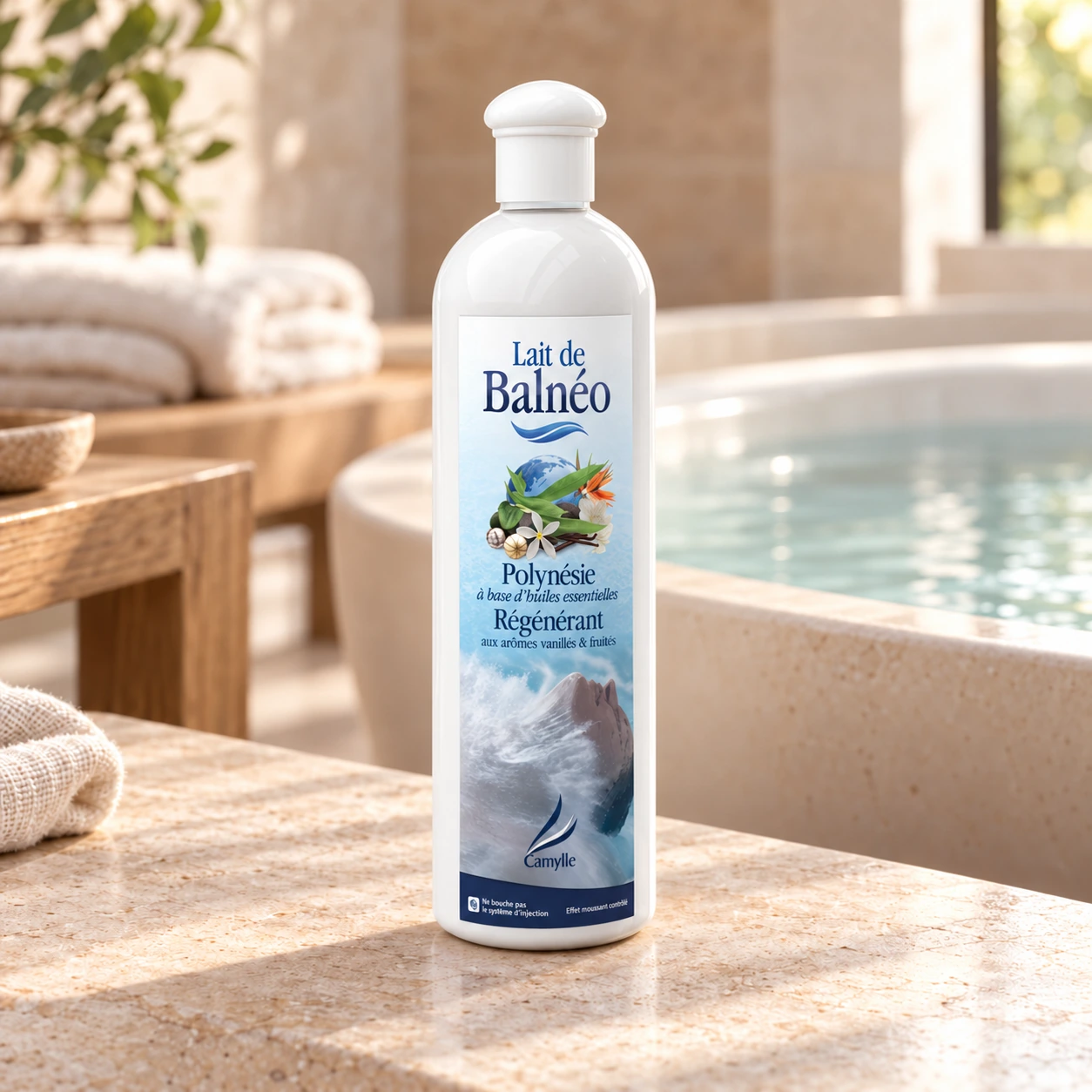 Lait de Balnéo Camylle 250 ml - Polynésie, flacon entier sur fond de bien-être.