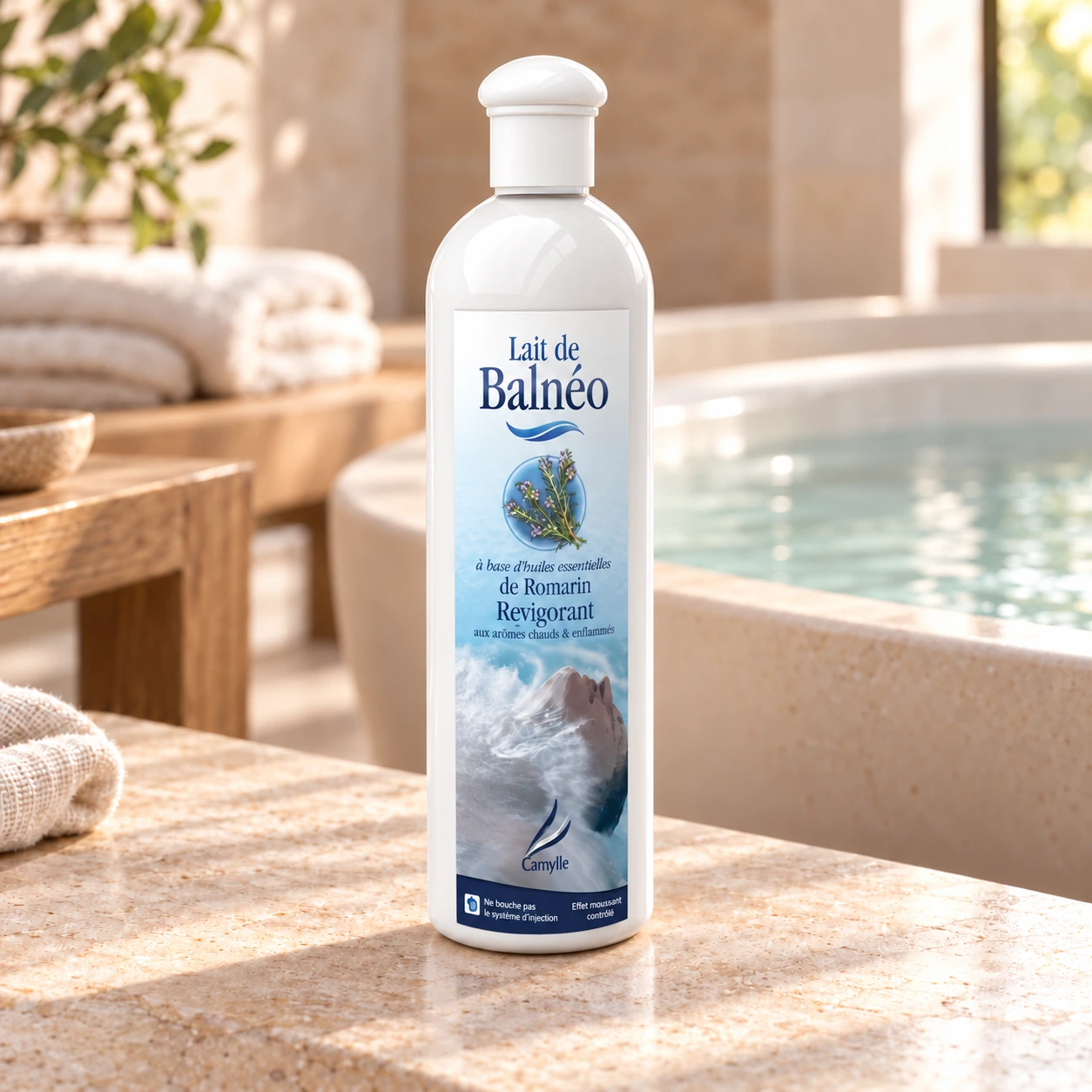 Lait de Balnéo Camylle 250 ml - Romarin, flacon entier sur fond de bien-être.