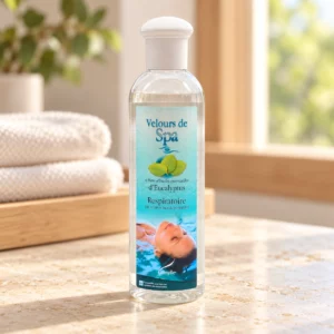 Velours de Spa Camylle 250 ml - Eucalyptus, flacon entier sur fond de bien-être.
