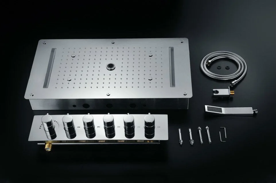 Kit du ciel de pluie LED Niagara : plaque, mitigeur thermostatique à 6 commandes, douchette, flexible, prise d’eau murale et fixations