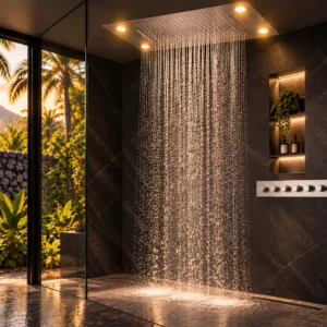 Ciel de pluie Takamaka encastré au plafond d’une douche, en mode pluie, avec ses 4 LED en blanc chaud