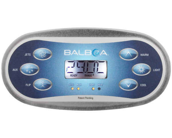Clavier Balboa TP600 bleu, touches Jets, Aux, Flip, Warm, Light et Cool