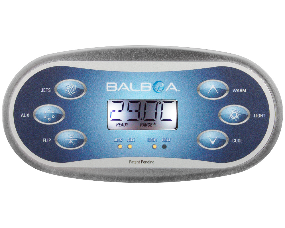 Clavier Balboa TP600 bleu, touches Jets, Aux, Flip, Warm, Light et Cool