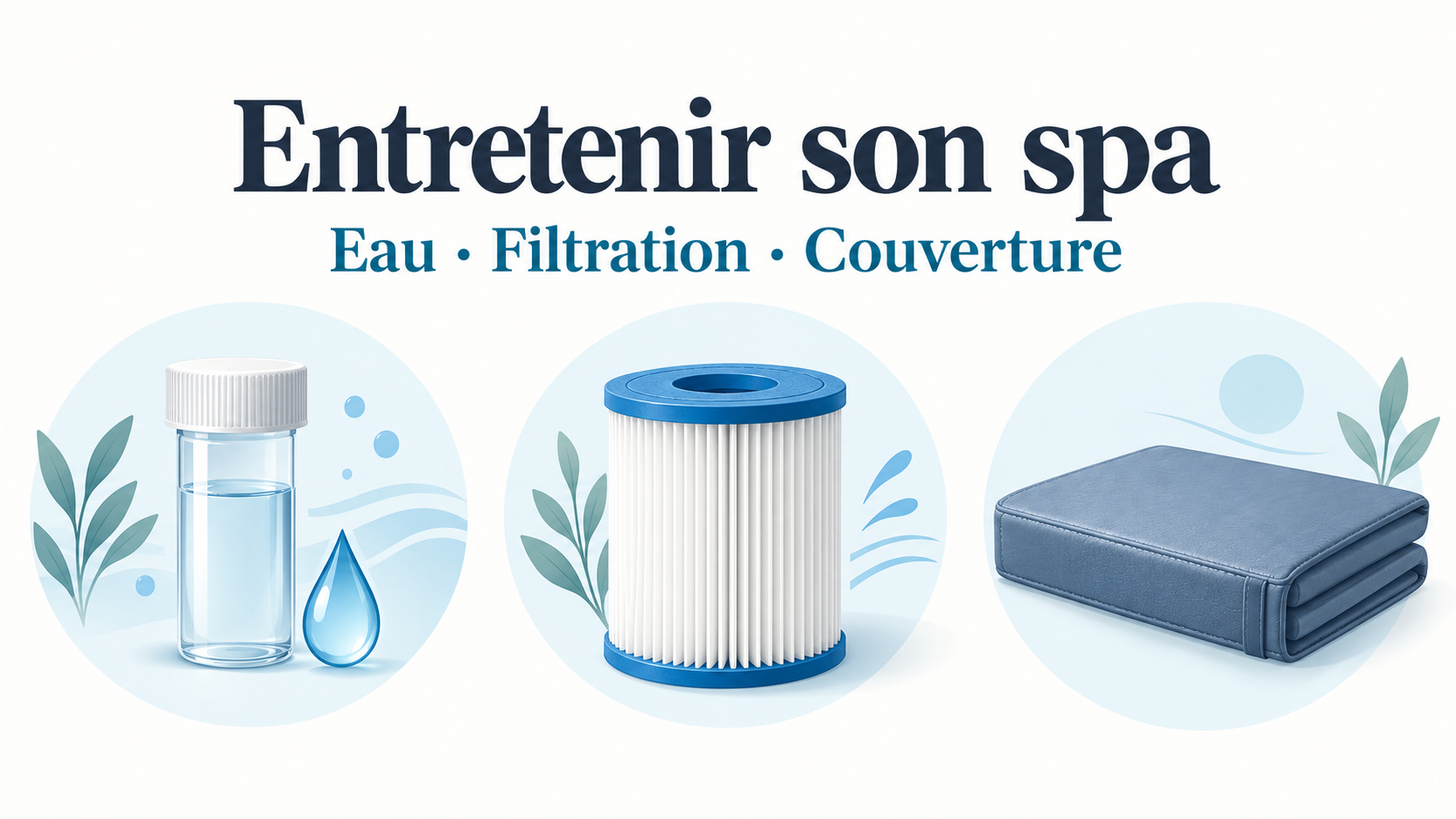 Entretenir son spa : eau, filtration et couverture Illustration des trois volets de l’entretien : contrôle de l’eau, cartouche de filtration et couverture.
