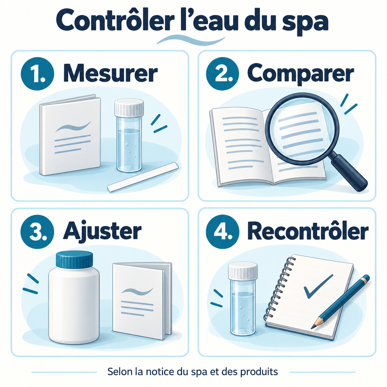 Schéma en quatre étapes : mesurer l’eau, comparer aux consignes, ajuster selon la notice et recontrôler.