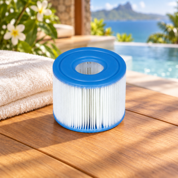 Filtre pour spa S1 posé sur une table près d’un bassin