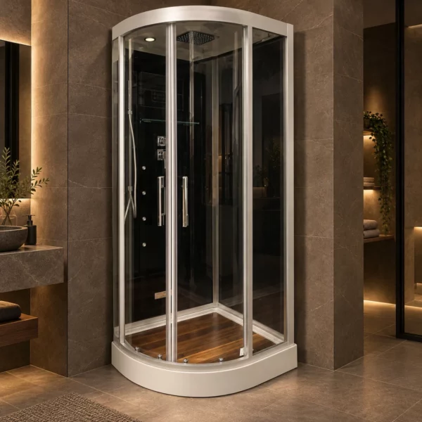Cabine de douche Amélia dans une salle de bain à l’éclairage tamisé