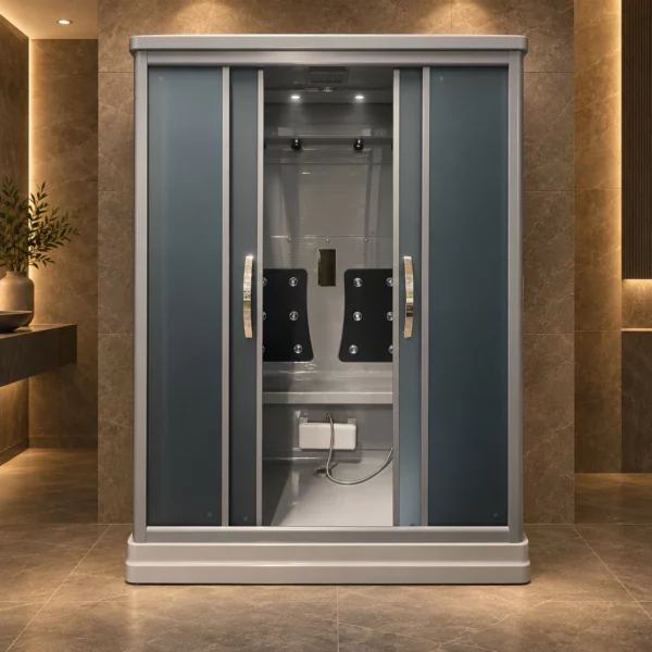 Cabine de douche Deluxe deux places dans une salle de bain à l’éclairage tamisé