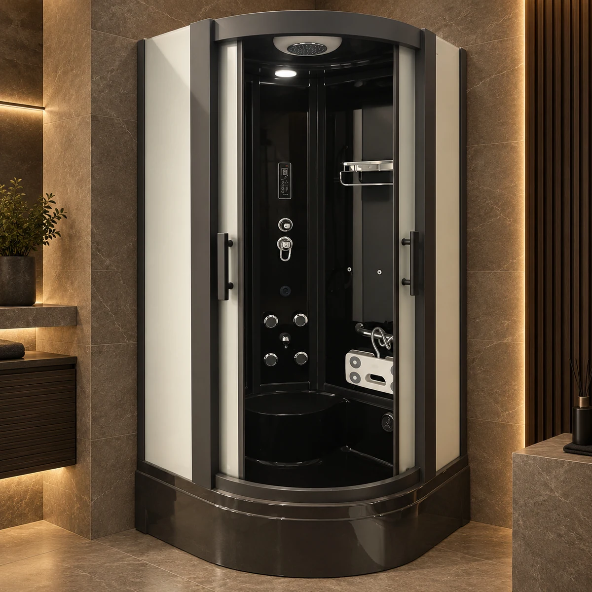Cabine de douche Sofia dans une salle de bain à l’éclairage tamisé