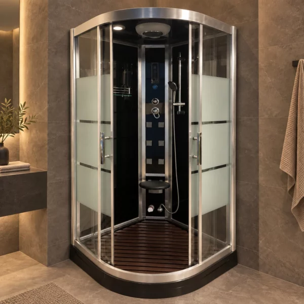 Cabine de douche Victoria dans une salle de bain à l’éclairage tamisé