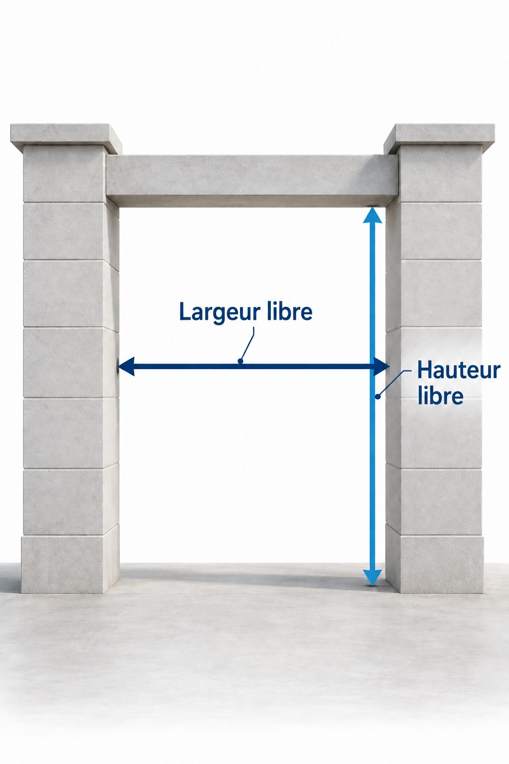 Schéma d’un passage vide : la largeur libre se mesure entre les faces intérieures des piliers, la hauteur du sol au-dessous du linteau.