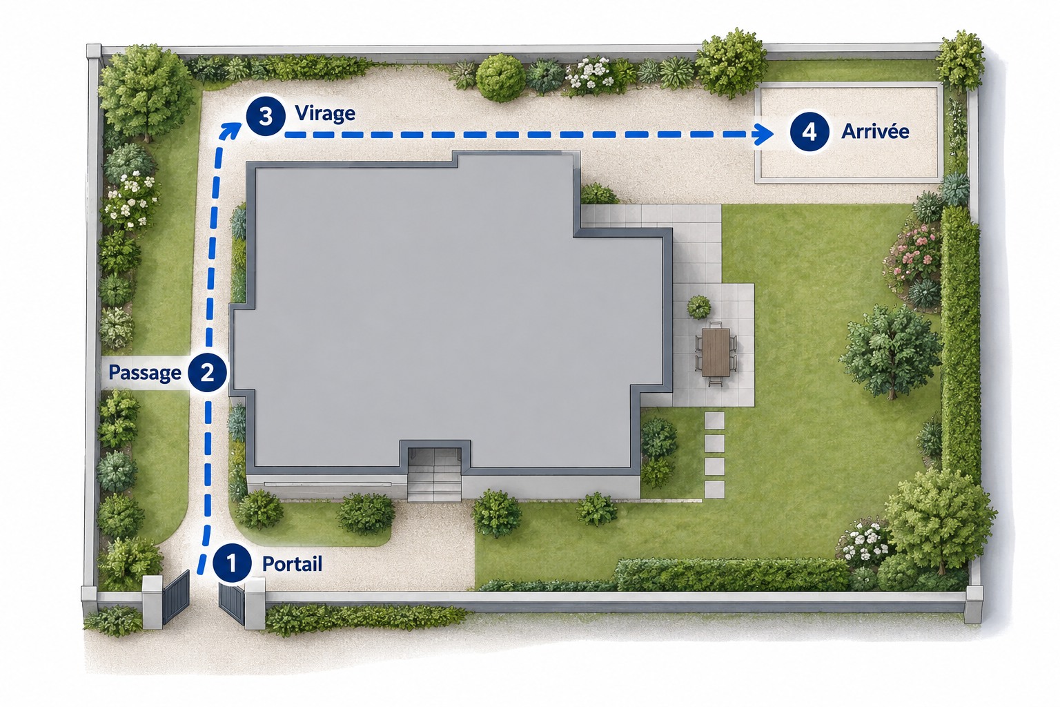 Schéma d’un parcours extérieur fictif, numéroté du portail au passage, au virage puis à l’arrivée.