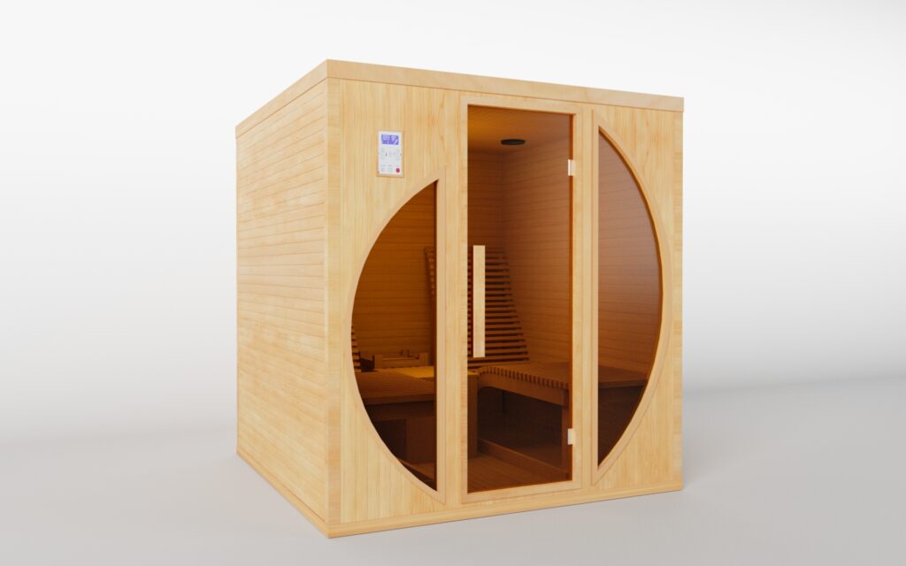 Sauna traditionnel en Hemlock avec deux places allongées et façade vitrée
