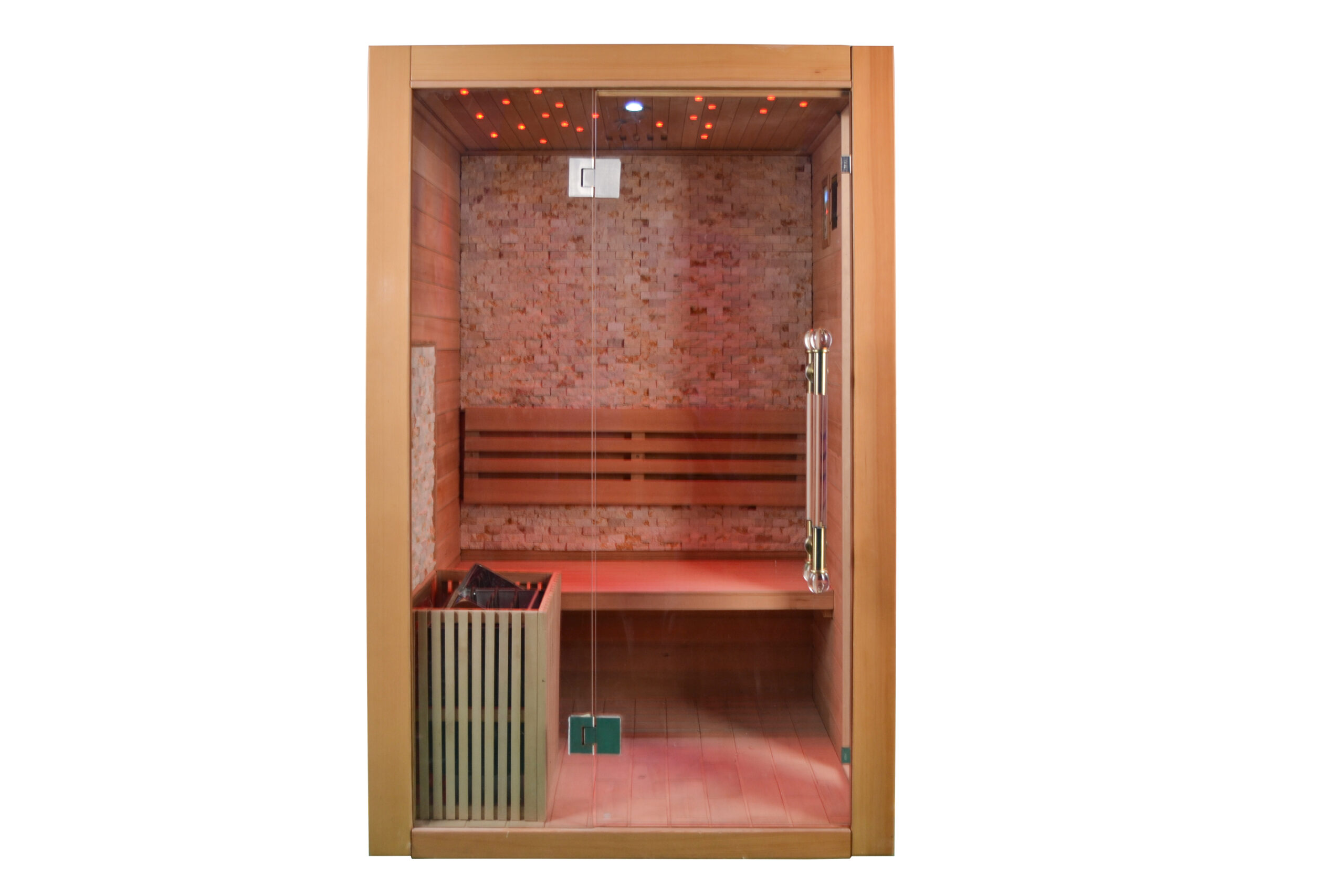Sauna traditionnel avec mosaïque murale, banc arrière et poêle à gauche, vue de face