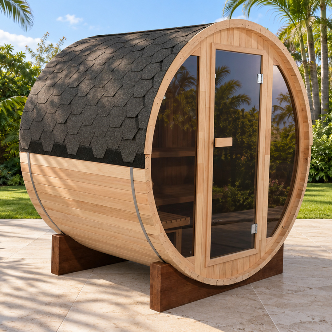 Sauna traditionnel Nordique 4 places assises, mise en situation sur une terrasse