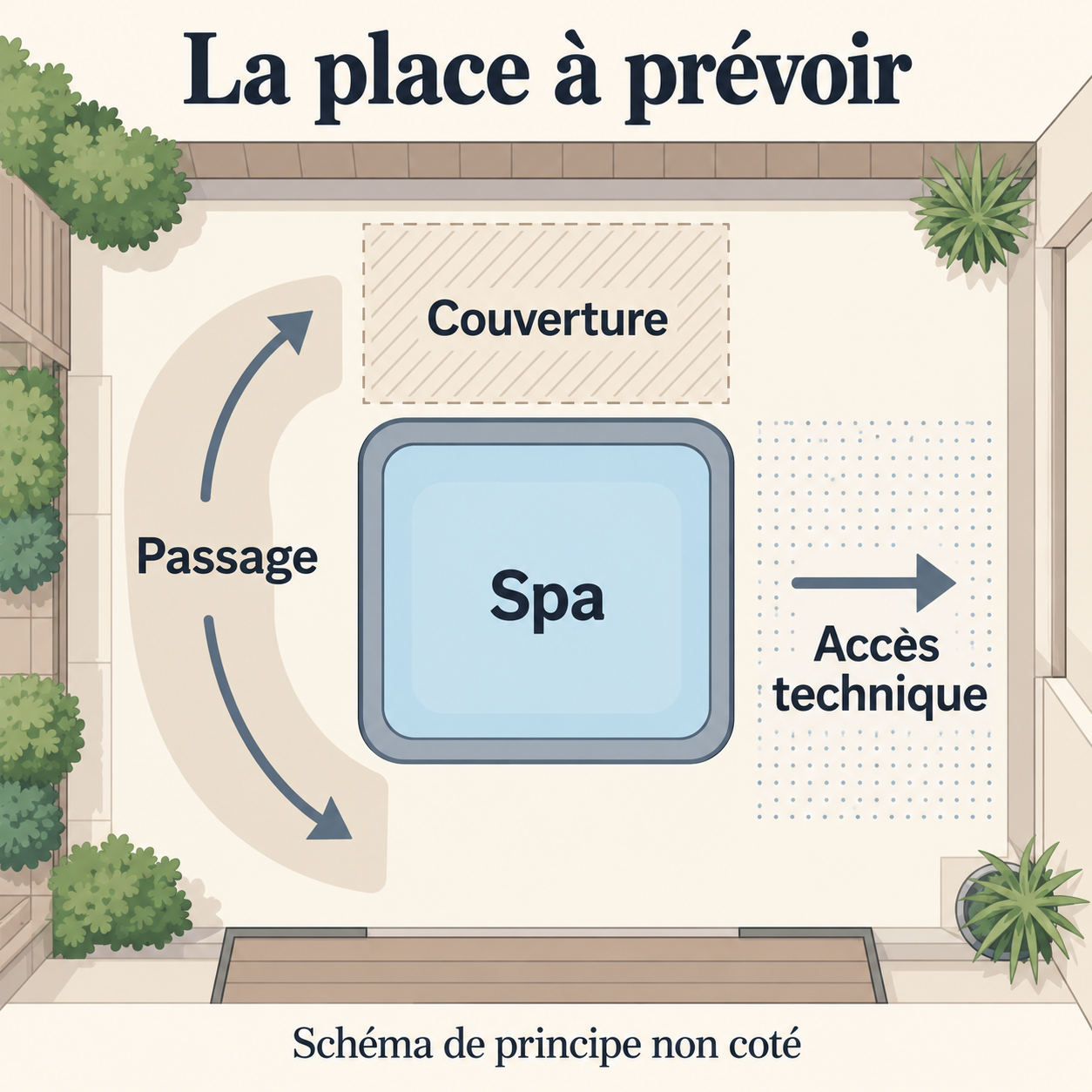 Autour du spa, trois zones à prévoir : le passage, la manipulation de la couverture et l’accès aux équipements.